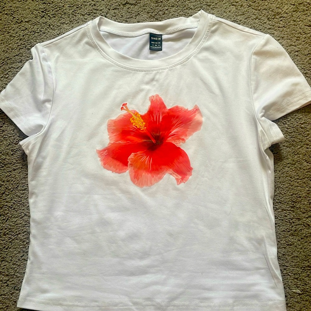 SHEIN White Crop Top with Red Floral Design